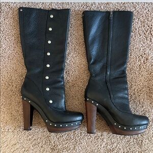 UGG Black and Brown Heeled Boots with Pearl Accents